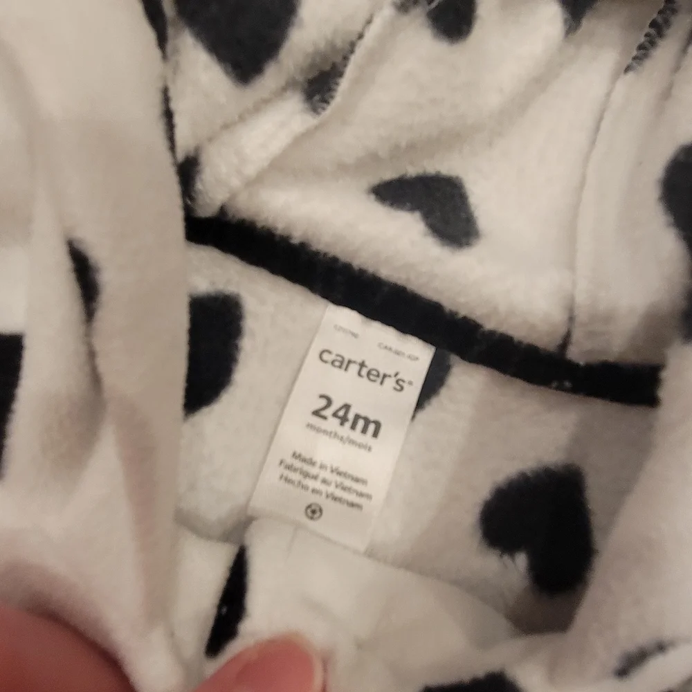 Carter's White Hooded Fleece Coat with Black Heart Print Size 24 Months
